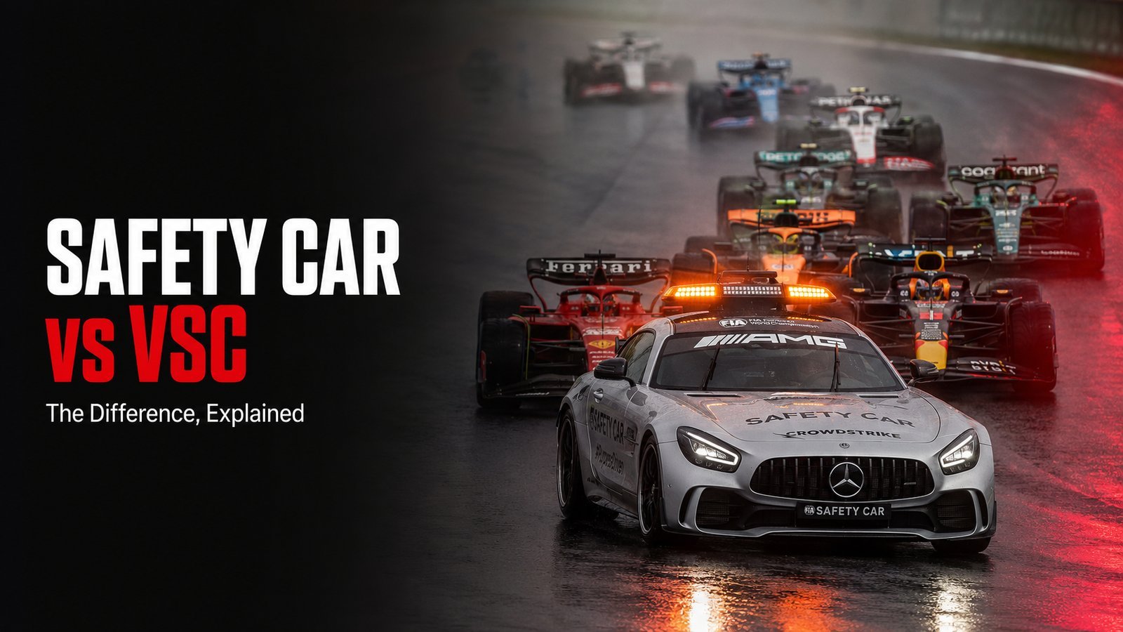 Title card reading Safety Car vs VSC, the difference explained, showing a silver Mercedes AMG safety car leading the field of F1 cars on a wet track.