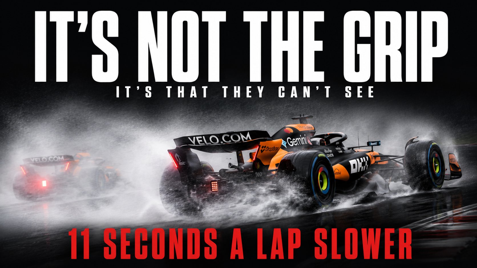 Poster reading it's not the grip, it's that they can't see, over a papaya McLaren throwing a huge plume of spray in heavy rain with a second car barely visible behind, above the words 11 seconds a lap slower.