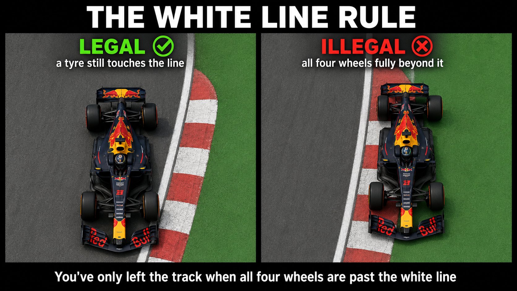Top-down diagram of the white-line rule: a car with a tyre still touching the line is legal, a car with all four wheels beyond it is illegal