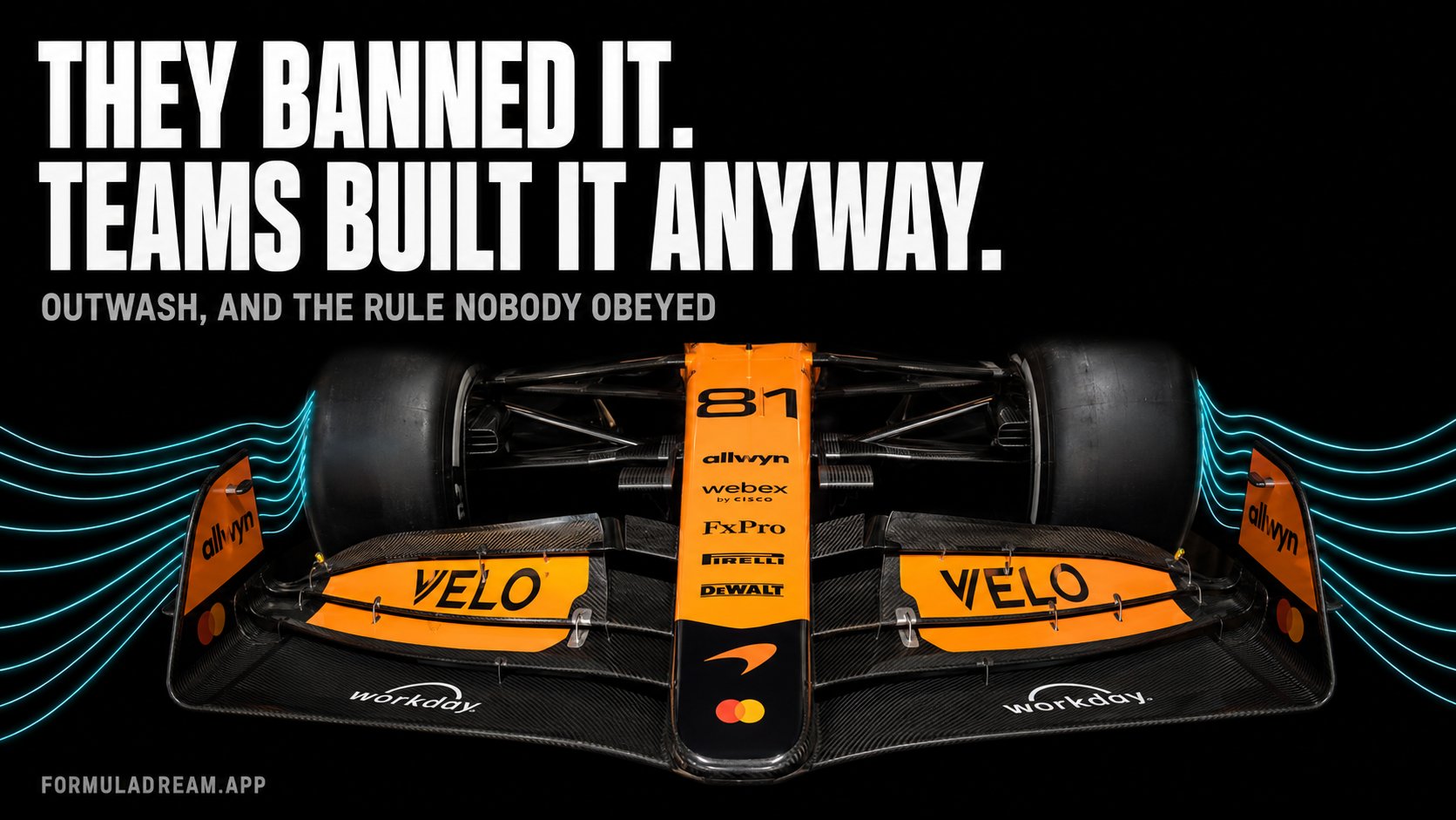 A McLaren Formula 1 front wing head on with cyan airflow streamlines curving outward, under the headline they banned it, teams built it anyway
