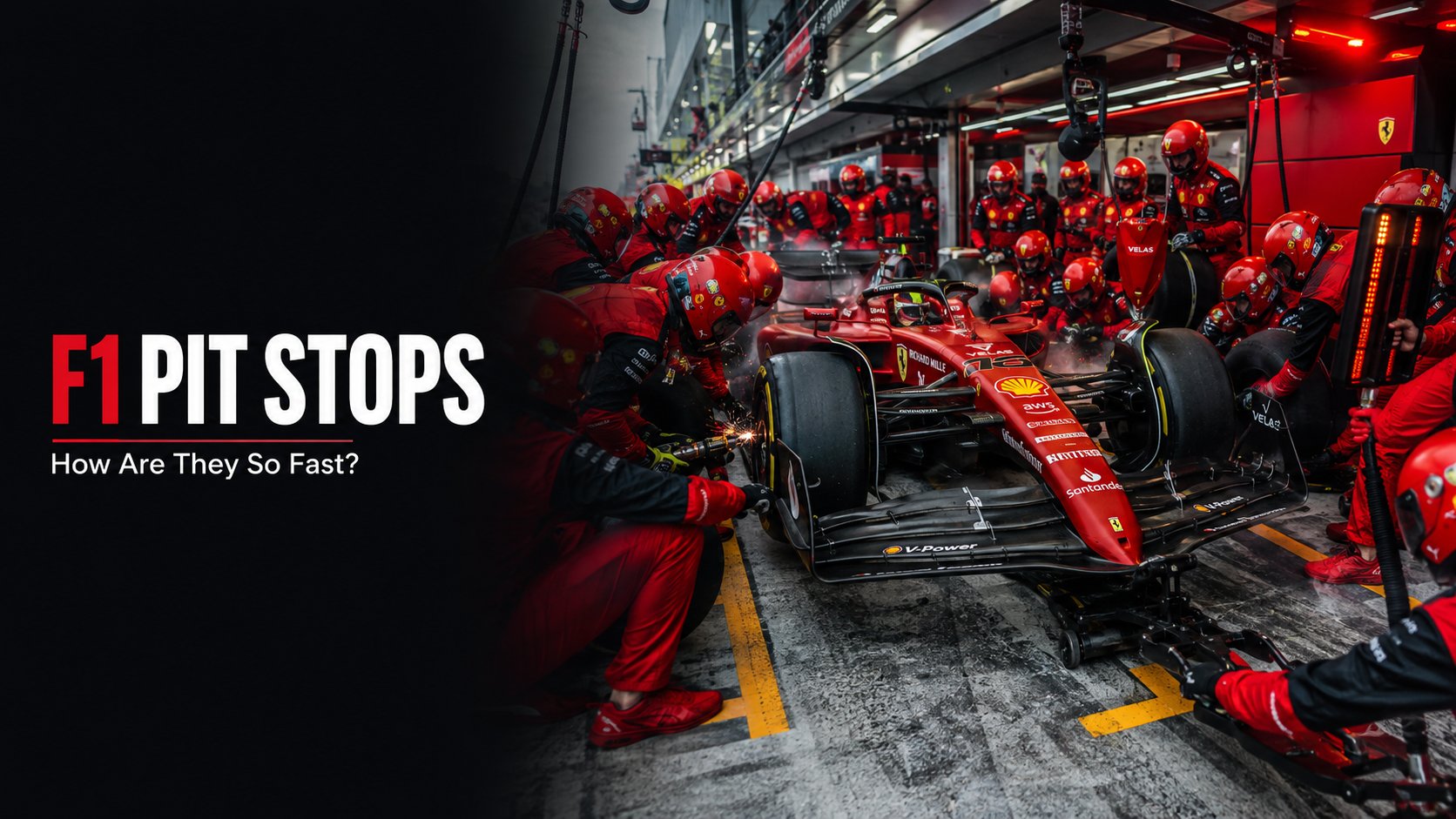 Title card reading F1 Pit Stops, how are they so fast, showing a red Ferrari car surrounded by its crew in red overalls mid stop in the pit box.