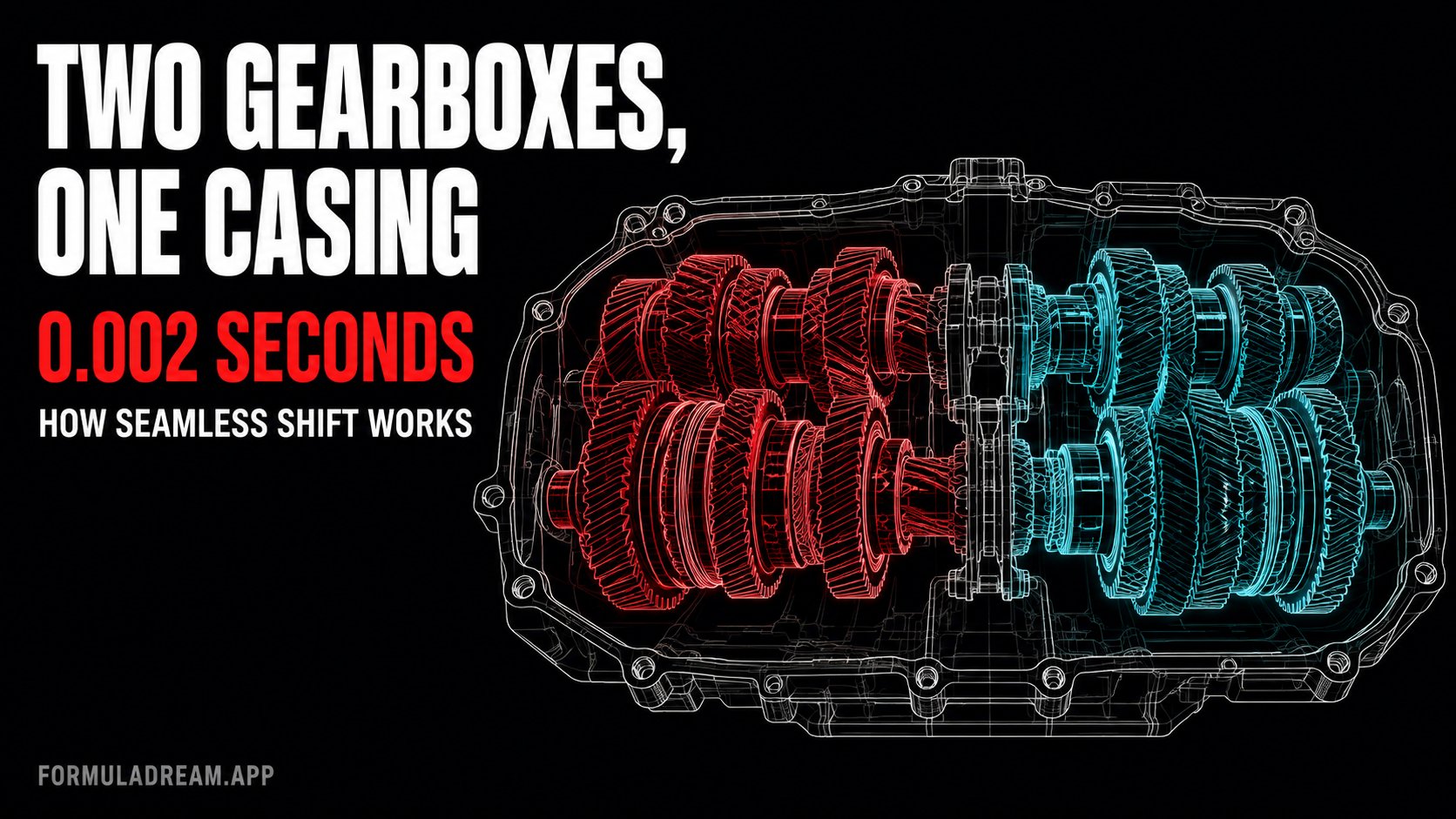 Two interlocking gear clusters in white technical line-art, one tinted red and one cyan, under the headline two gearboxes, one casing