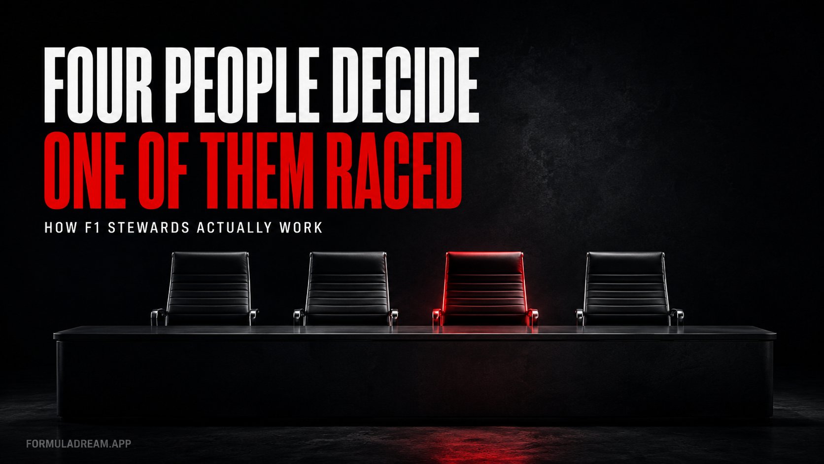Four empty chairs behind a plain desk in a darkened room, one highlighted in red, under the headline four people decide