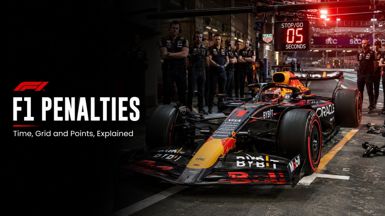 Title card reading F1 Penalties, time grid and points explained, showing a black and yellow Red Bull number 1 car in the pit box with crew and a stop go 05 seconds board.