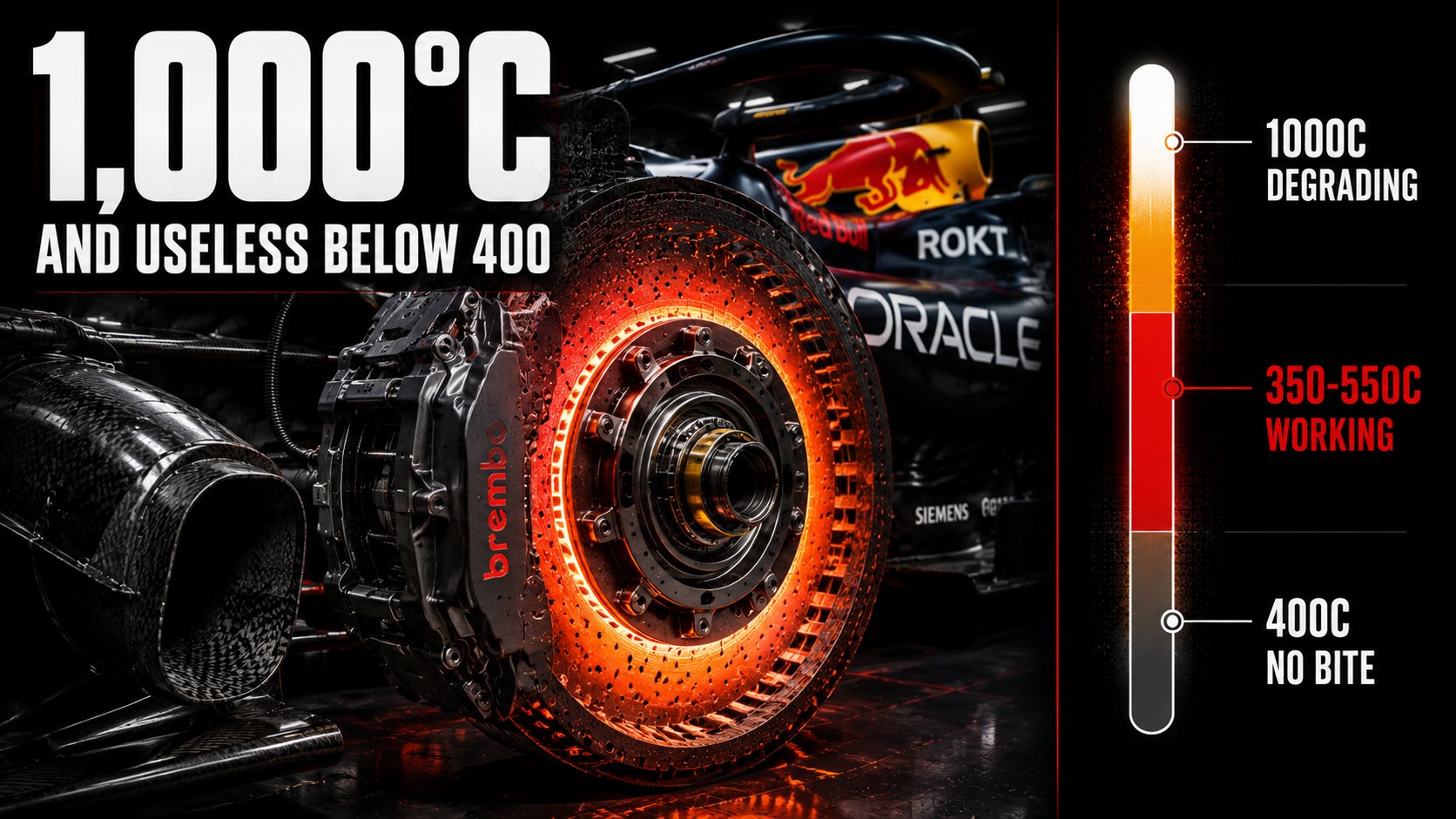 Poster reading 1,000 degrees C and useless below 400, showing a glowing orange F1 carbon brake disc and Brembo caliper on a Red Bull car, beside a temperature scale marking 400C no bite, 350 to 550C working, and 1000C degrading.