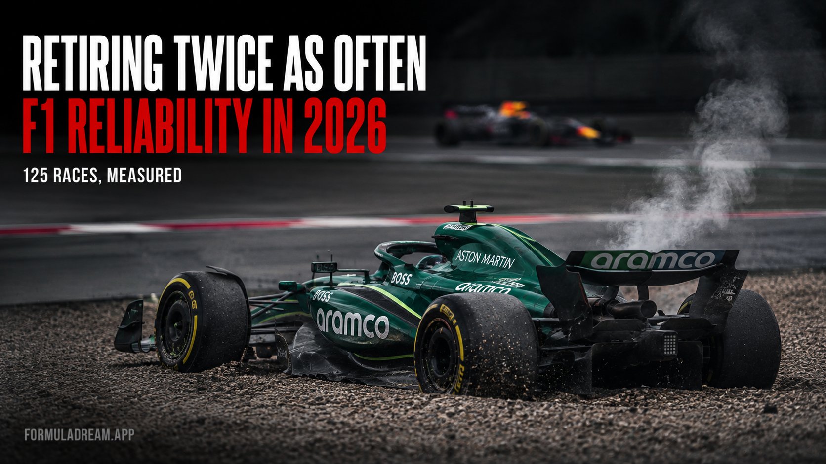 An Aston Martin stopped in the gravel with smoke rising from the back of it while another car passes blurred in the background, under the headline retiring twice as often