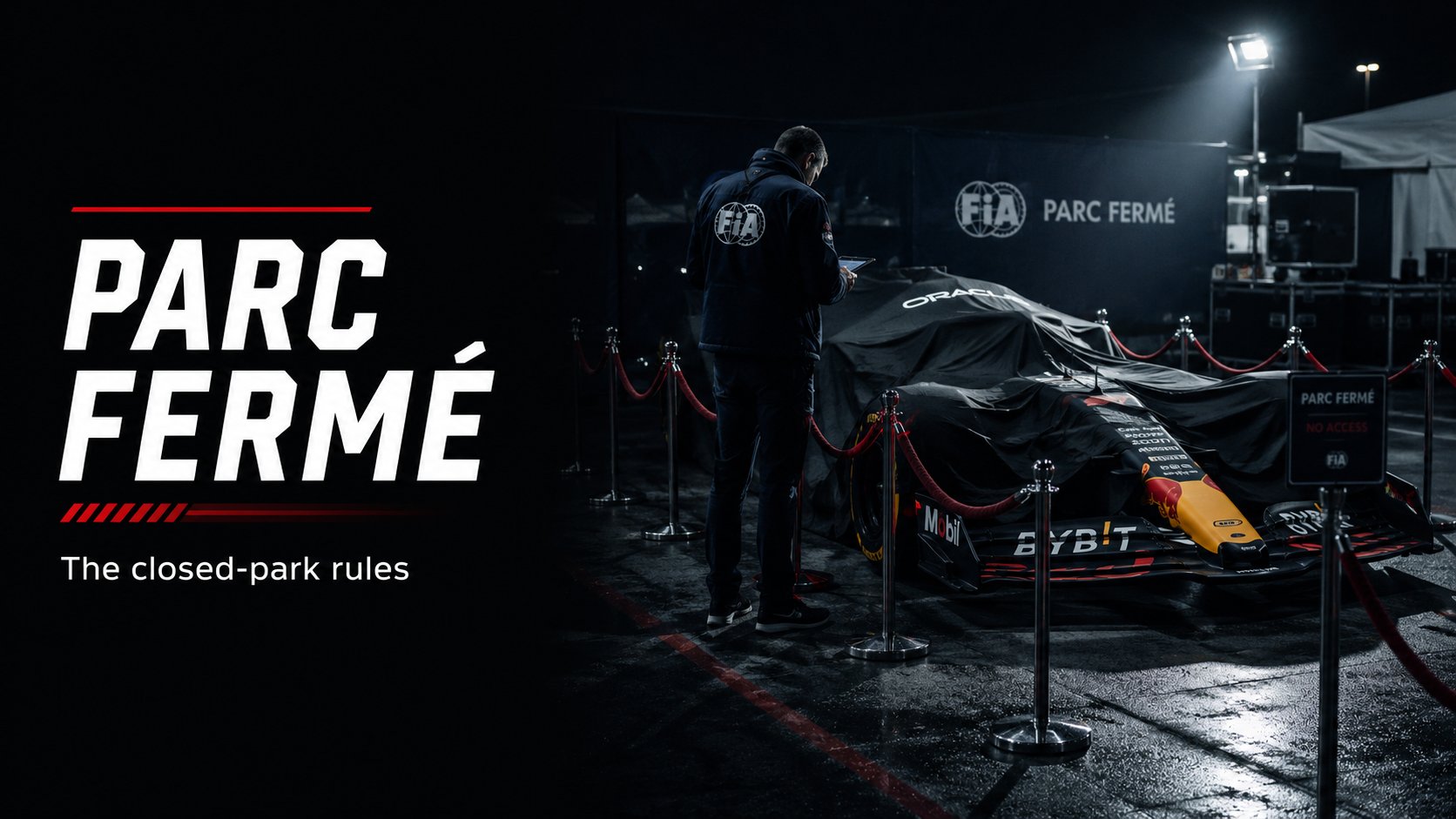 Title card reading Parc Ferme, the closed-park rules, showing an FIA official beside a covered Red Bull car roped off under a Parc Ferme no access sign at night.