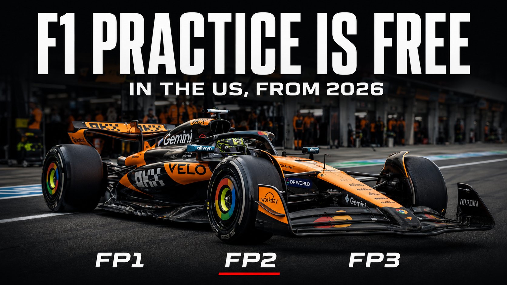 Poster reading F1 practice is free in the US from 2026, over a papaya and black McLaren in the pit lane, with FP1, FP2 and FP3 labels along the bottom and FP2 underlined in red.