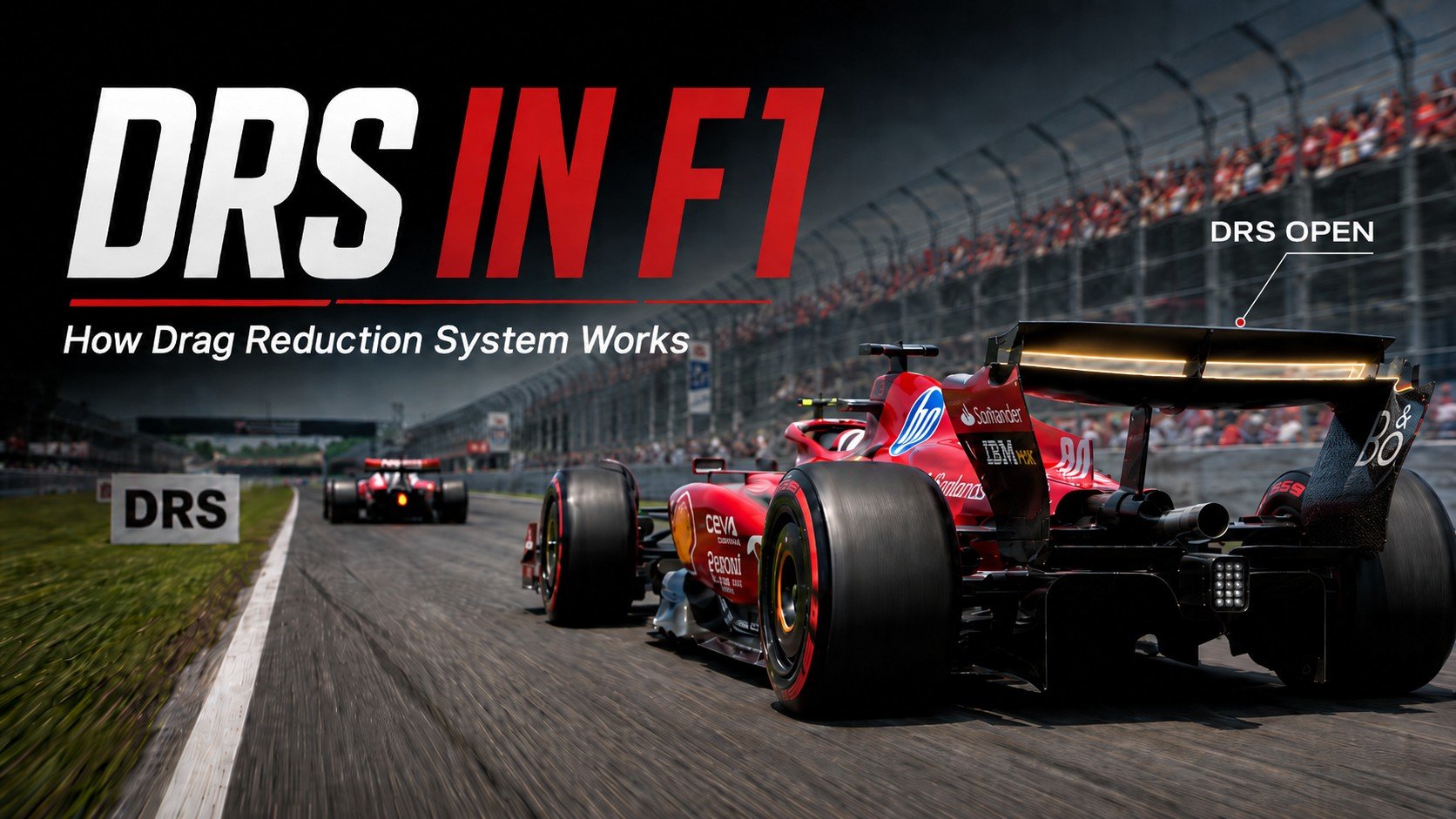 Red Ferrari F1 car with its rear-wing DRS flap open on a straight, chasing another car past a DRS activation board; title reads DRS in F1