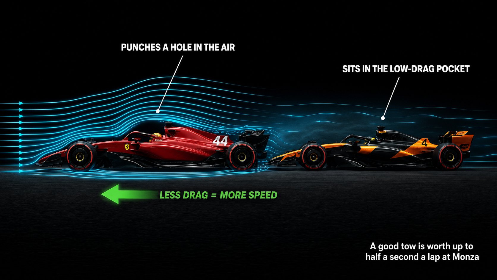 Airflow illustration of the slipstream: a leading F1 car punches a hole in the air while the following car sits in the low-drag pocket behind it, gaining speed