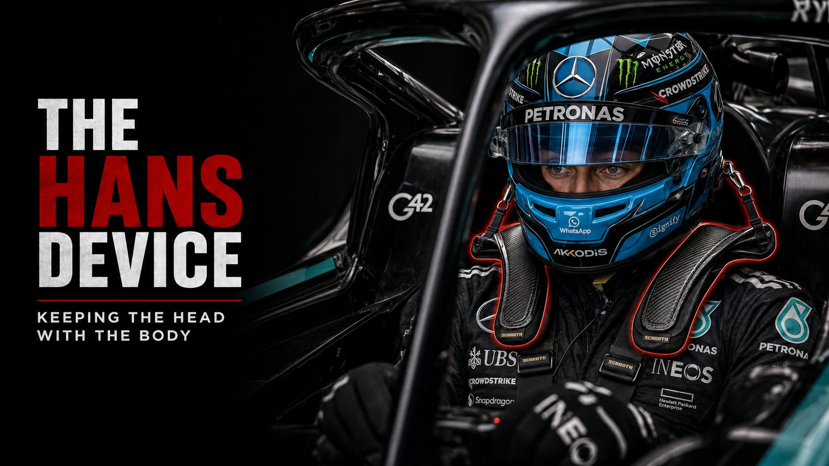 Poster titled The HANS Device, keeping the head with the body, showing a Mercedes driver seated in the cockpit in a blue and black helmet with the HANS straps highlighted in red.