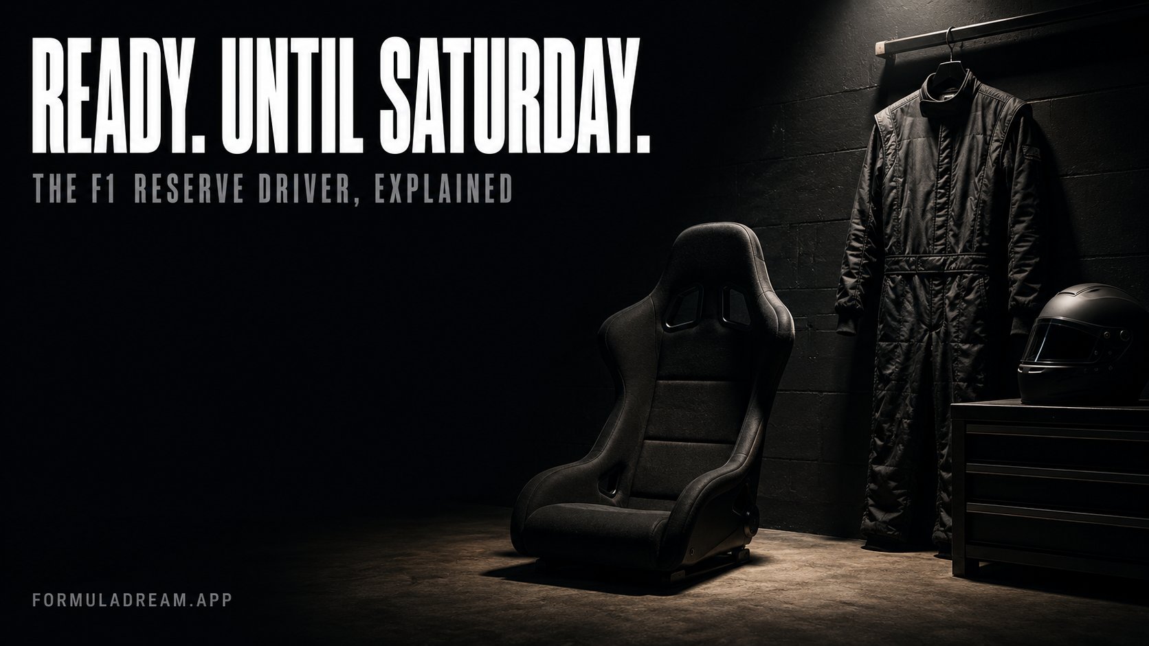An empty racing seat, a plain race suit and a helmet in a darkened garage, under the headline ready, until Saturday