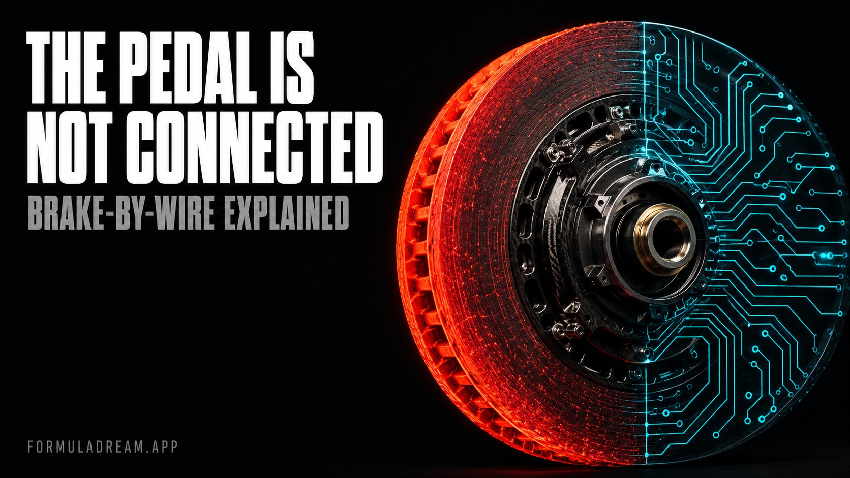 A glowing red Formula 1 brake disc with a cyan circuit-board pattern overlaid on one side, under the headline the pedal is not connected