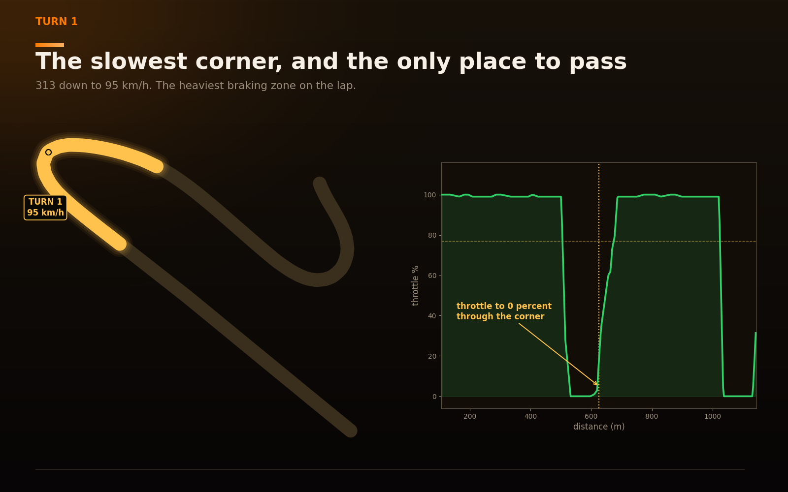 Turn 1 highlighted with its speed trace, showing the drop from 313 to 95 km/h