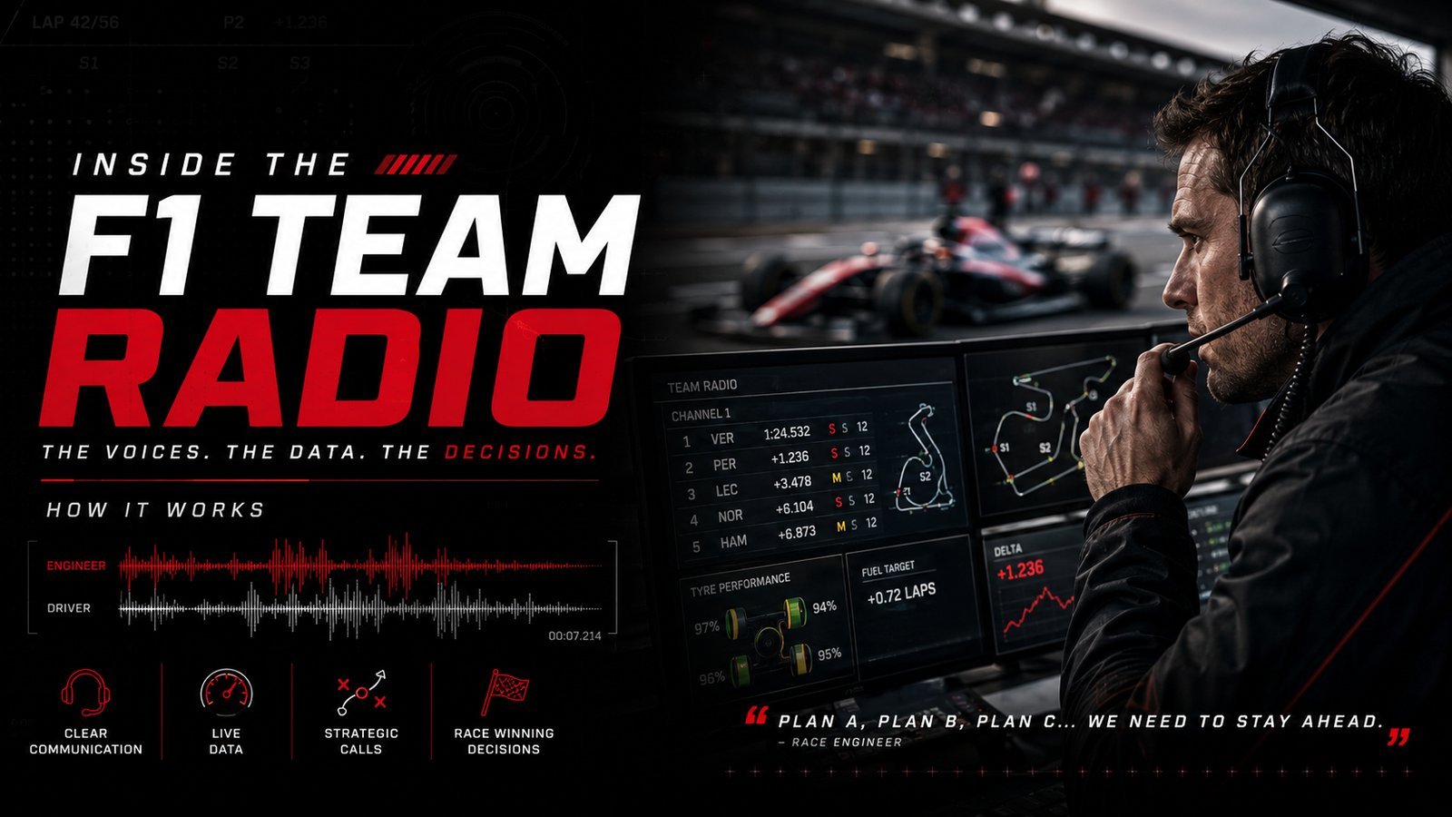 Poster titled Inside the F1 Team Radio, the voices the data the decisions, showing a race engineer in a headset at the pit wall watching timing screens with audio waveforms.