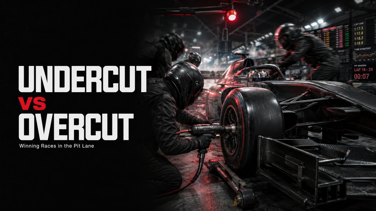 Title card reading Undercut vs Overcut, winning races in the pit lane, showing a pit crew changing a tyre on a dark red car with strategy screens showing lap times and the pit window.