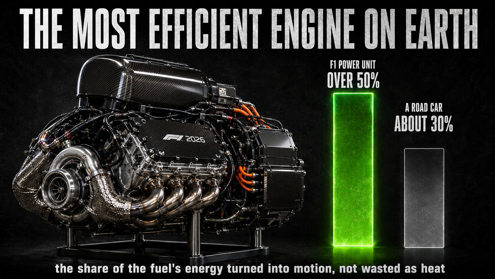 Infographic titled The Most Efficient Engine on Earth showing a bare F1 2026 power unit beside bars: F1 power unit over 50 percent versus a road car about 30 percent of fuel energy turned into motion.
