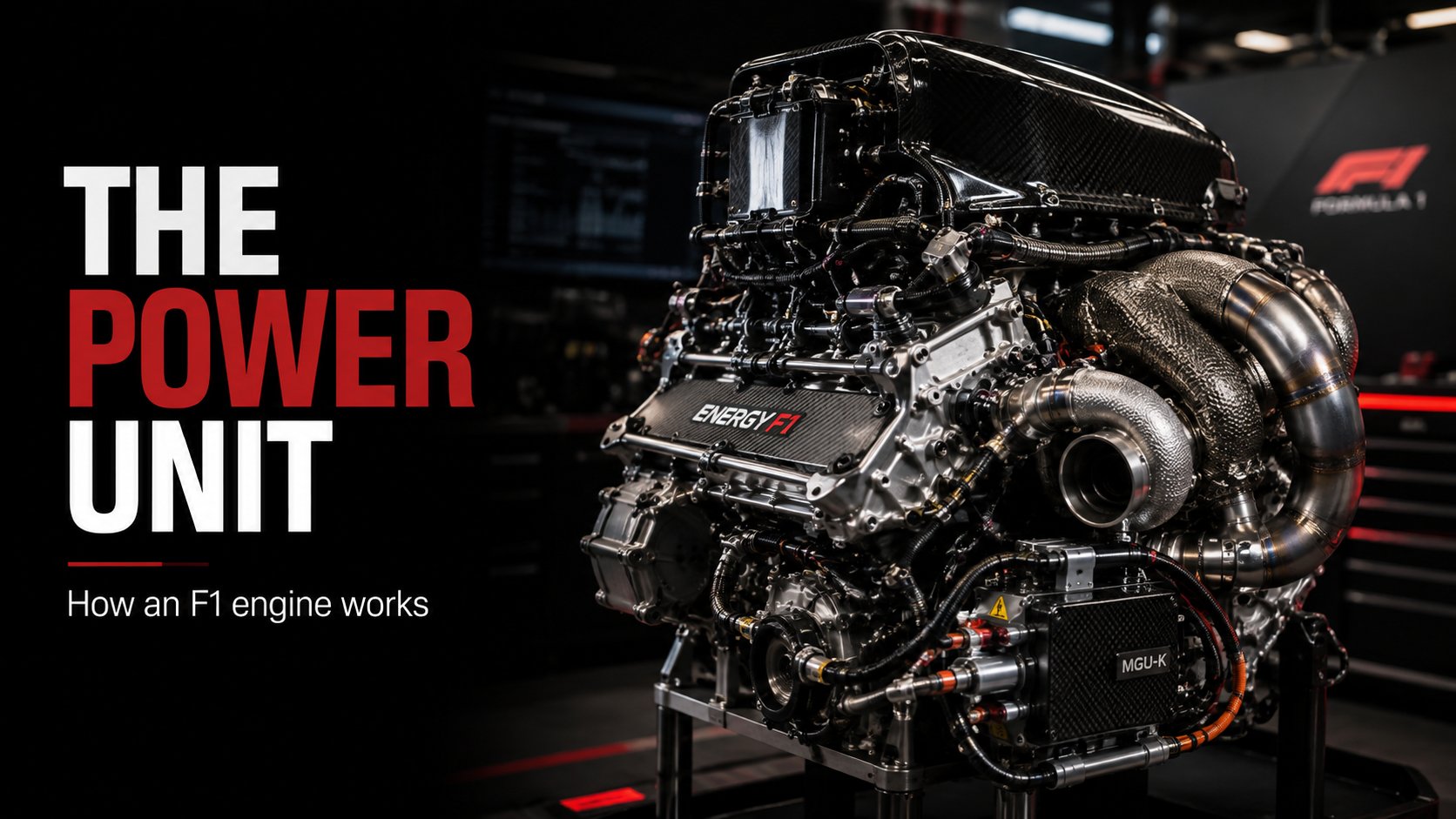 A complete Formula 1 power unit on a stand: the 1.6-litre turbo V6 with its turbocharger, exhausts, energy recovery system and battery