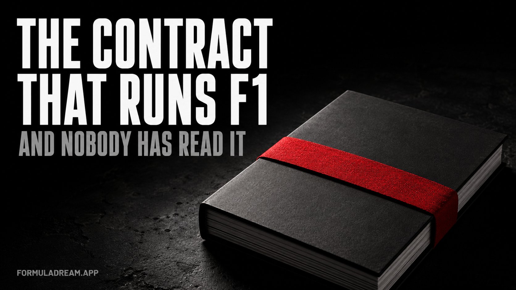 A closed contract document tied shut with a red band, dramatically lit on a black background, under the headline the contract that runs F1