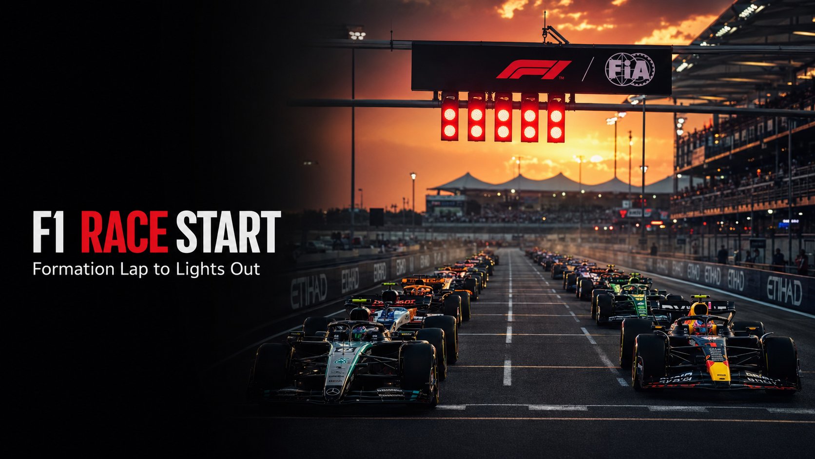 Title card reading F1 Race Start, formation lap to lights out, showing the grid lined up at sunset under the five red start lights on an F1 and FIA gantry.