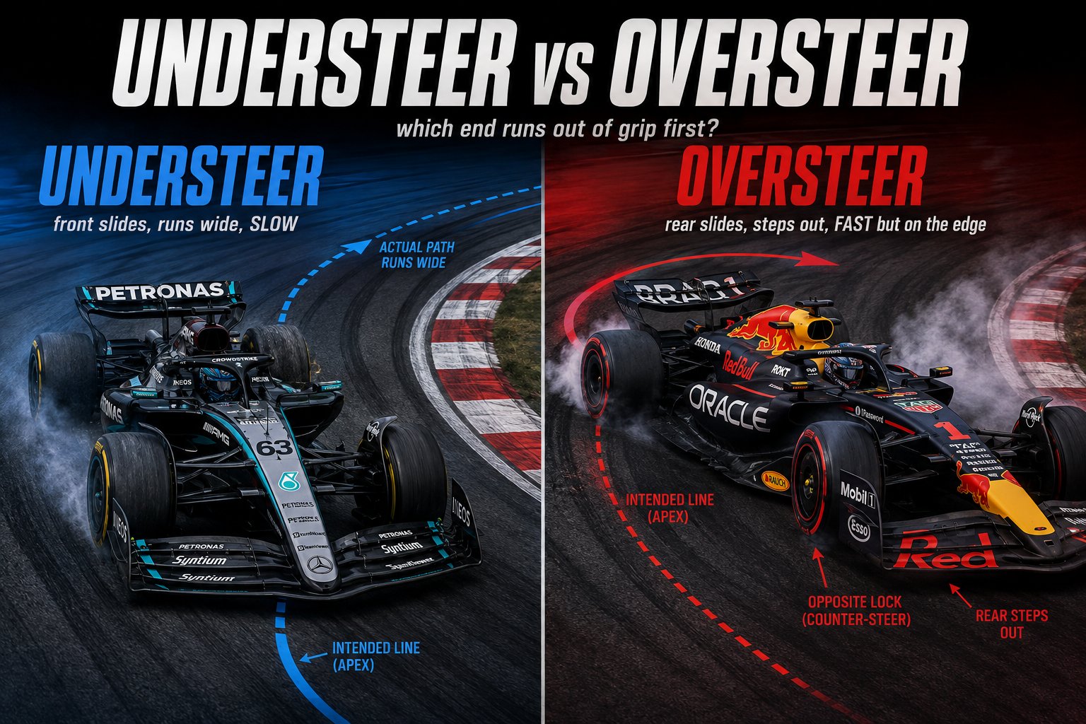 Split poster titled Understeer vs Oversteer: a black Mercedes number 63 car running wide for understeer, and a black Red Bull number 1 car with its rear stepping out for oversteer.