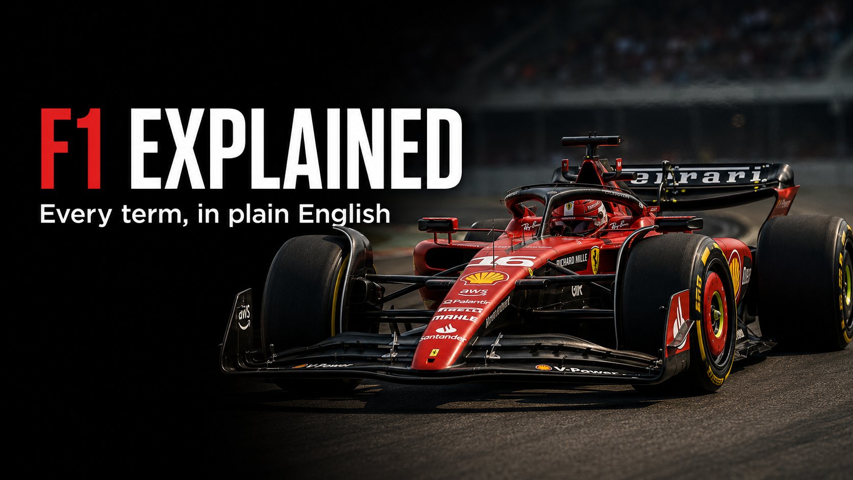 Title card reading F1 Explained, every term in plain English, over a red Ferrari number 16 car cornering on track.