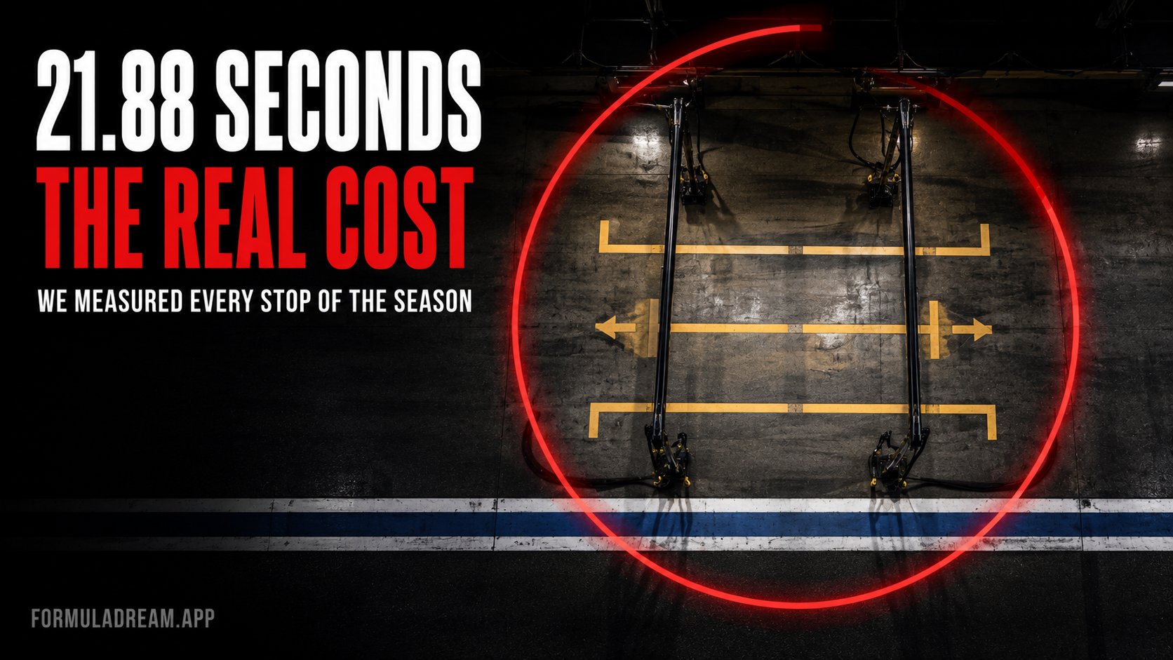 A Formula 1 pit box seen from above at night with a stopwatch overlay, under the headline what a pit stop actually costs, 21.88 seconds