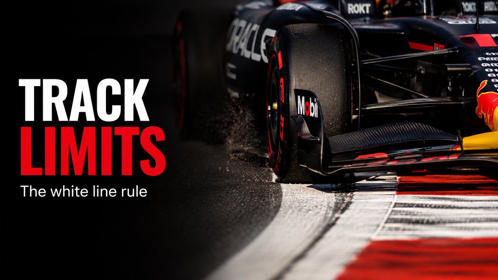 Title card reading Track Limits, the white line rule, a close-up of a black and red Red Bull car's front wheel riding the white line and red kerb at a corner.