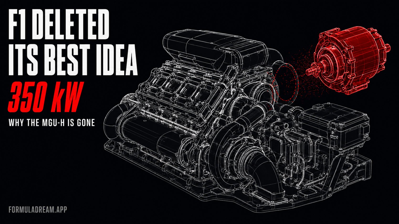 A white line-art cutaway of a Formula 1 power unit with one component highlighted in red and fading away, under the headline F1 deleted its best idea