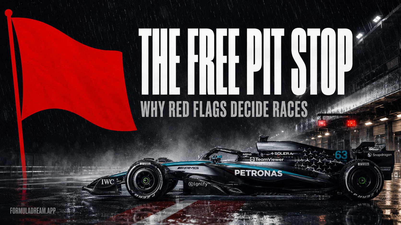 A red flag graphic beside a stationary Mercedes Formula 1 car in a wet pit lane, under the headline the free pit stop