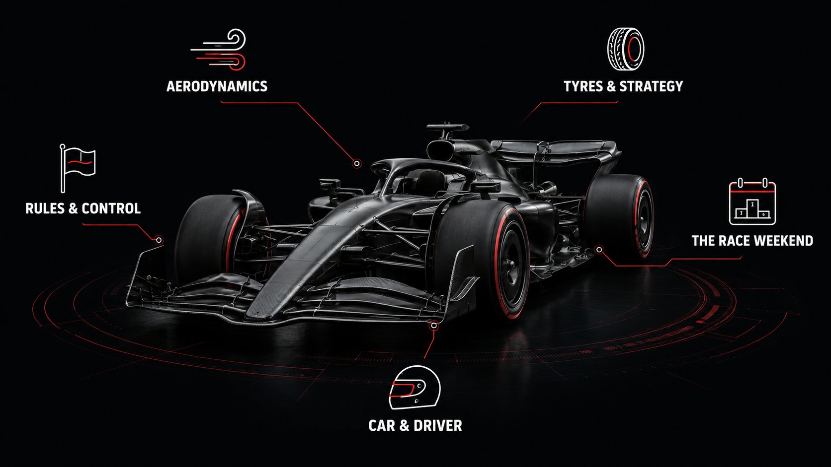 A map of F1 jargon grouped into five areas: aerodynamics, tyres and strategy, rules and control, the race weekend, and the car and driver