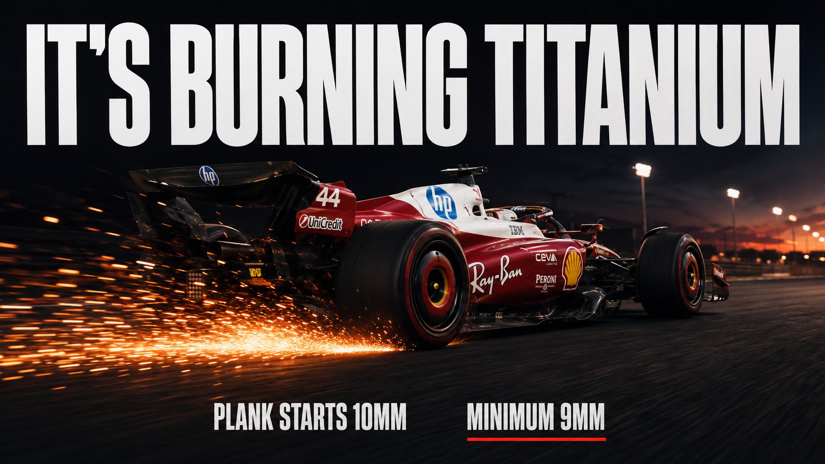Poster reading it's burning titanium, over a red Ferrari number 44 at speed throwing a shower of orange sparks from under its floor at dusk, with the labels plank starts 10mm and minimum 9mm.