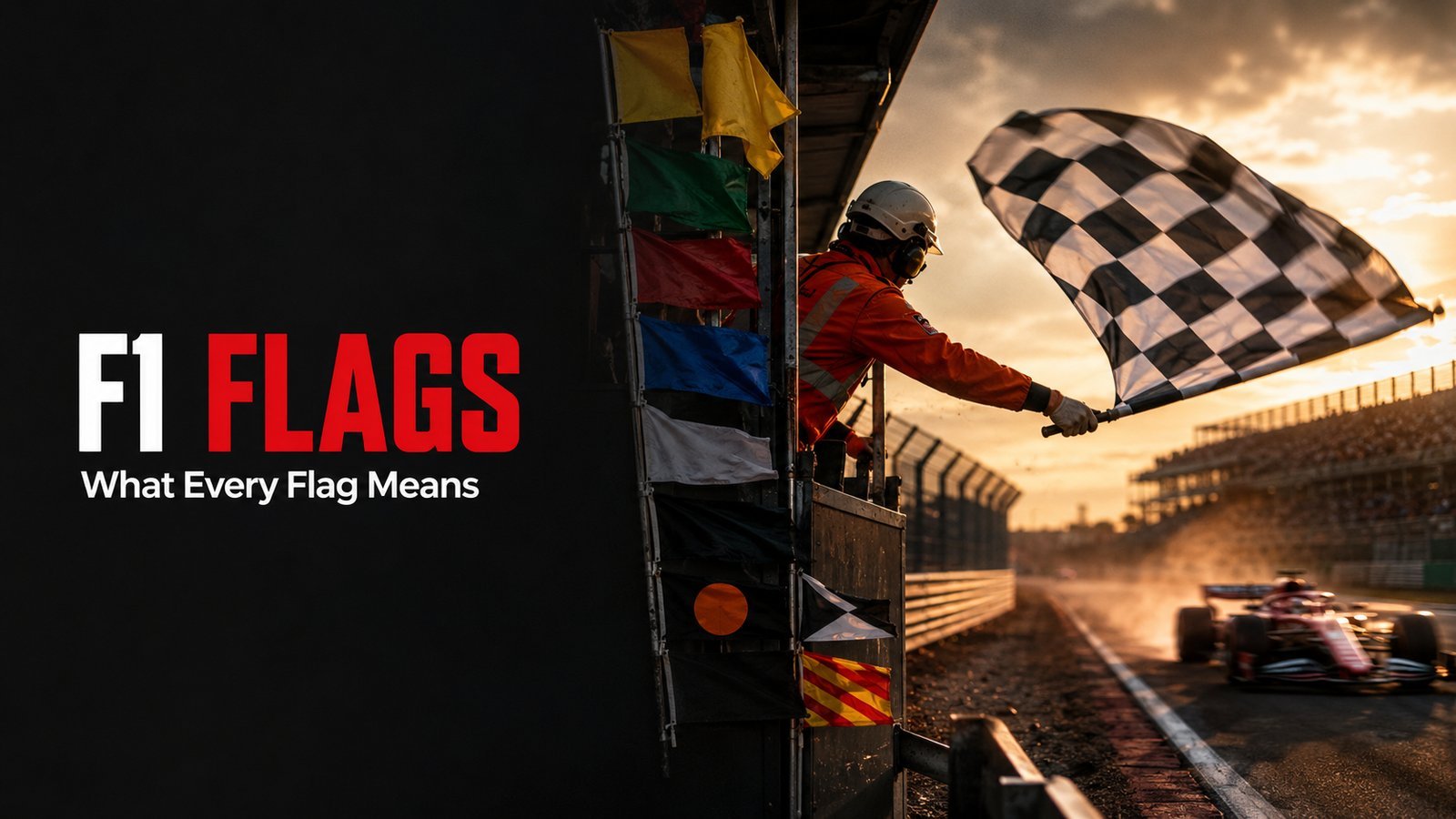 Title card reading F1 Flags, what every flag means, a marshal in orange waving the chequered flag at sunset with the row of racing flags displayed on the marshal post.