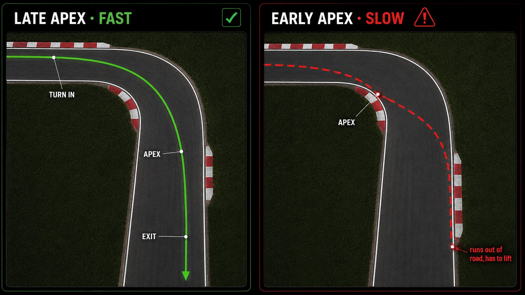 Top-down diagram of a corner showing the ideal late-apex racing line versus an early-apex line that turns in too soon and runs wide and slow on exit