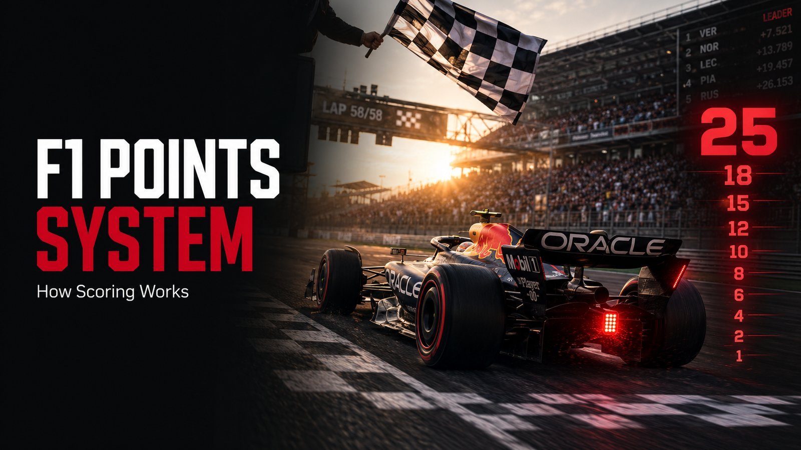Title card reading F1 Points System, how scoring works, a black and red Red Bull car crossing the line under a chequered flag beside the points ladder 25, 18, 15, 12, 10, 8, 6, 4, 2, 1.