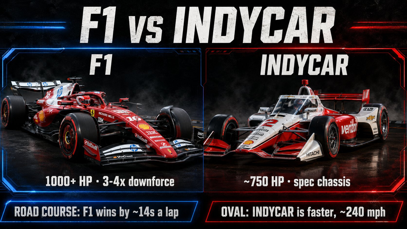 Split poster titled F1 vs IndyCar: a red Ferrari number 16 on the left at 1000+ HP and 3 to 4 times the downforce, and a red and white Verizon IndyCar on the right at about 750 HP on a spec chassis.