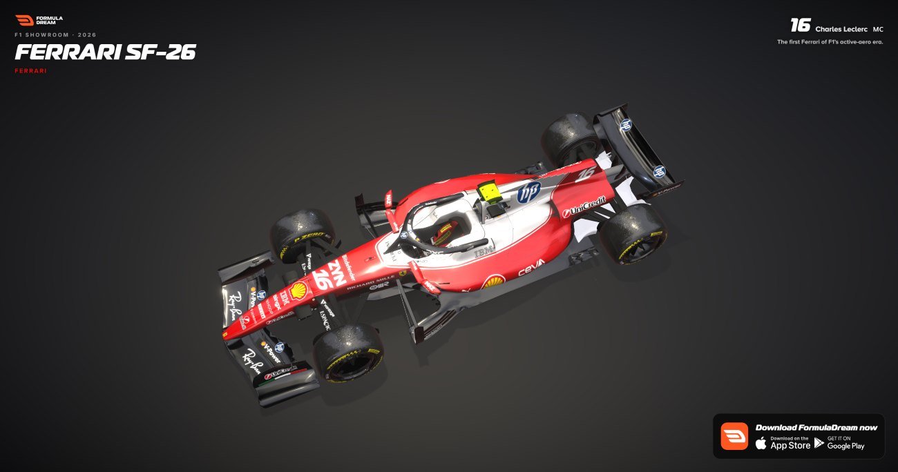 FormulaDream F1 Showroom 2026 render of the Ferrari SF-26, Charles Leclerc number 16, a red and white Ferrari F1 car shown from above on a dark studio floor.