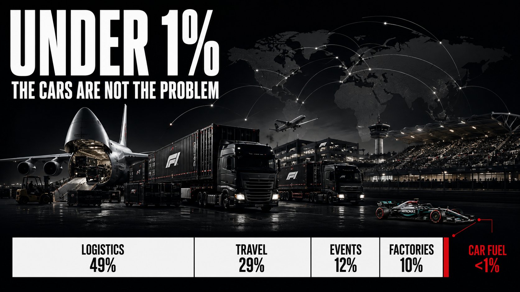 Poster reading under 1%, the cars are not the problem, showing a cargo plane, freight trucks and a world map of flight paths dwarfing a single F1 car, above a bar reading logistics 49%, travel 29%, events 12%, factories 10% and car fuel under 1%.