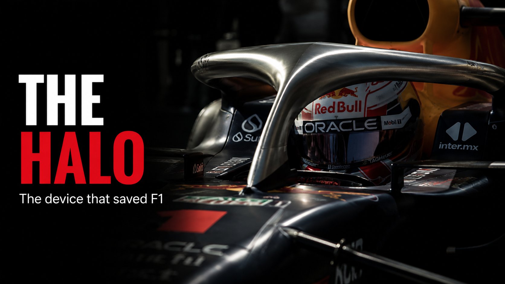The titanium halo arcing over the cockpit of a Formula 1 car, above the driver's helmet