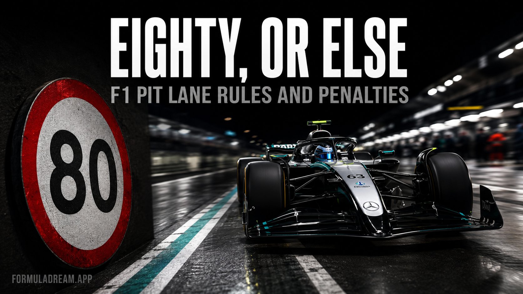 A pit lane at night with a speed limit roundel showing 80 and a Mercedes Formula 1 car moving slowly through, under the headline eighty, or else