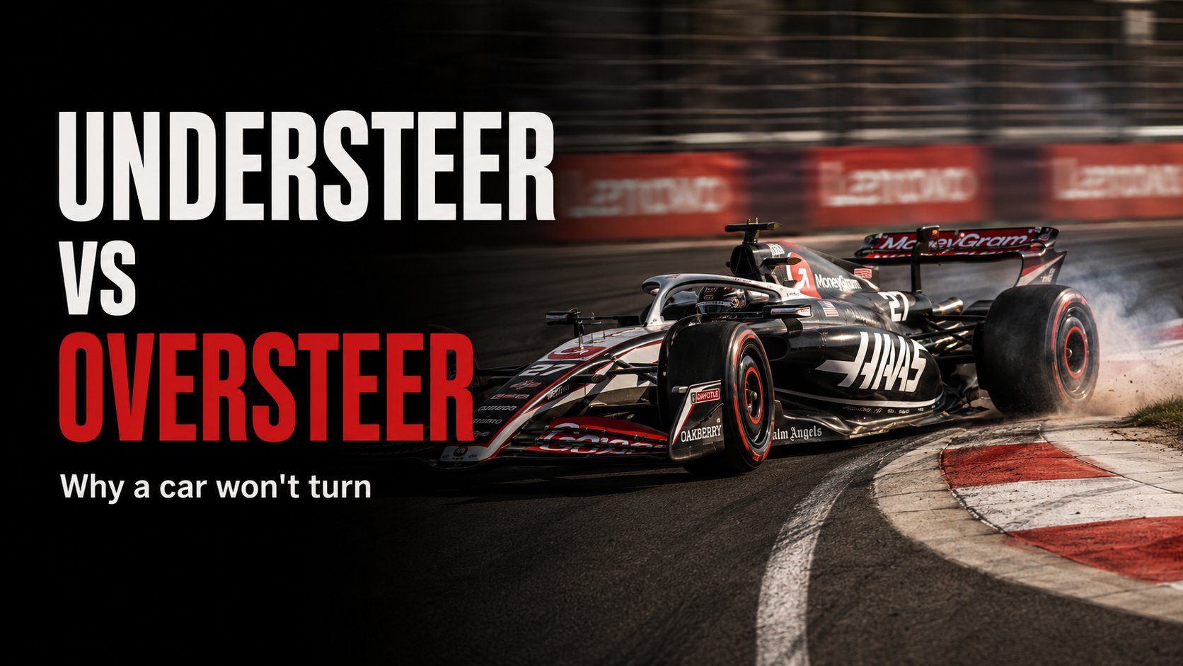 An F1 car sliding on the edge of grip through a corner, the tyres scrubbing
