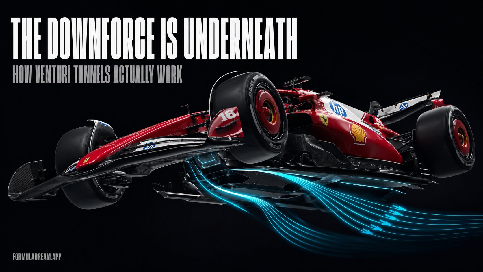 A Ferrari Formula 1 car tilted to reveal its underfloor venturi tunnels with cyan airflow streamlines, under the headline the downforce is underneath