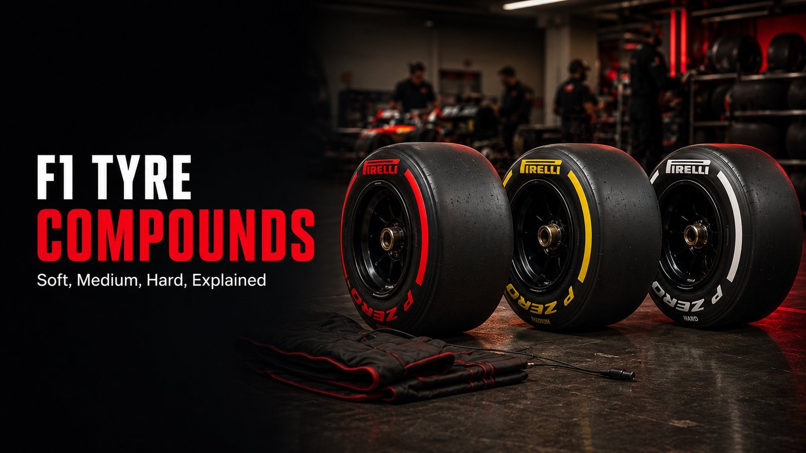 Title card reading F1 Tyre Compounds, soft medium hard explained, showing three Pirelli P Zero slick tyres with red, yellow and white sidewall markings in a garage.