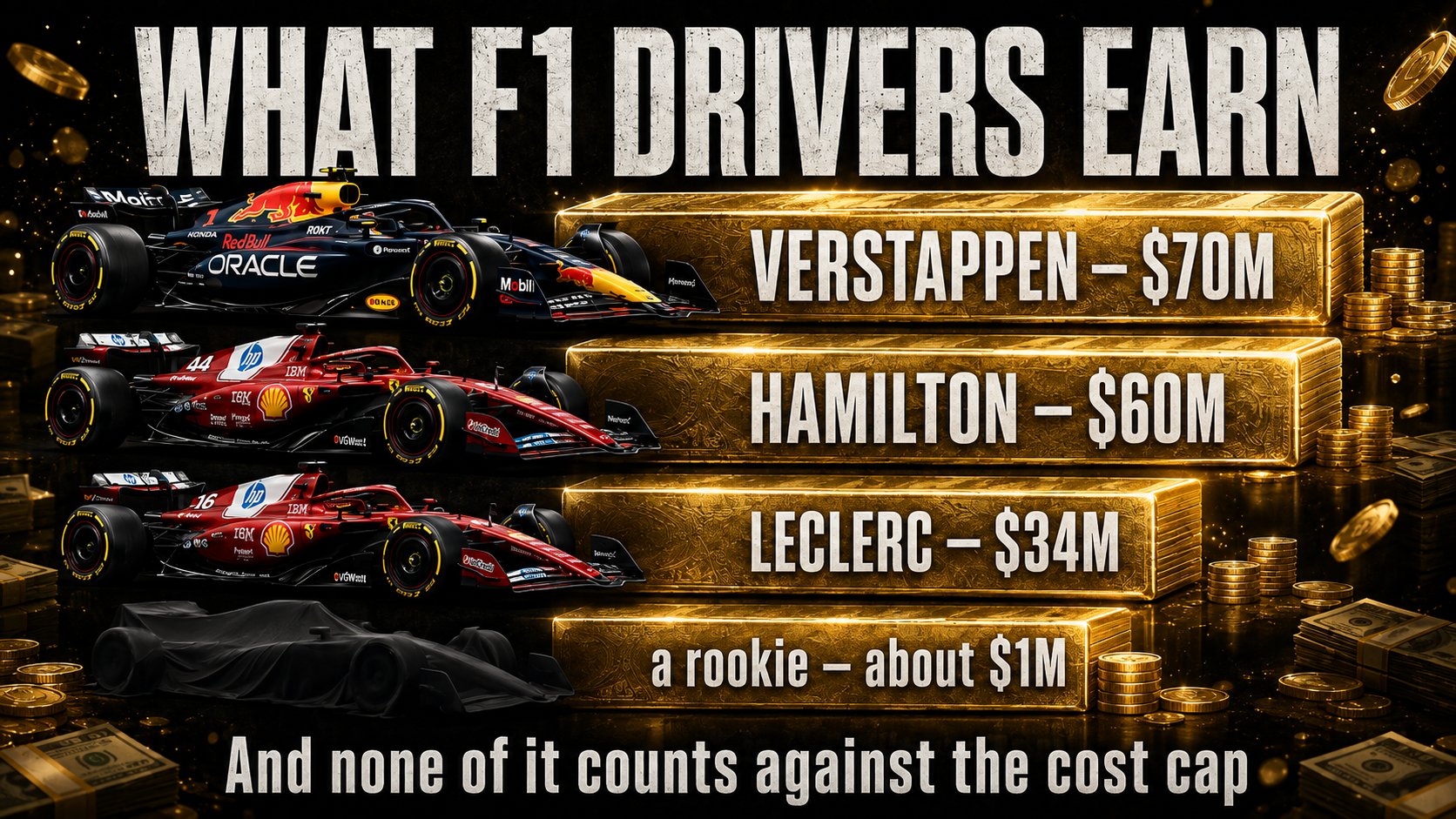 Poster titled What F1 Drivers Earn with stacks of gold bars, listing Verstappen 70M, Hamilton 60M, Leclerc 34M and a rookie about 1M, noting none of it counts against the cost cap.