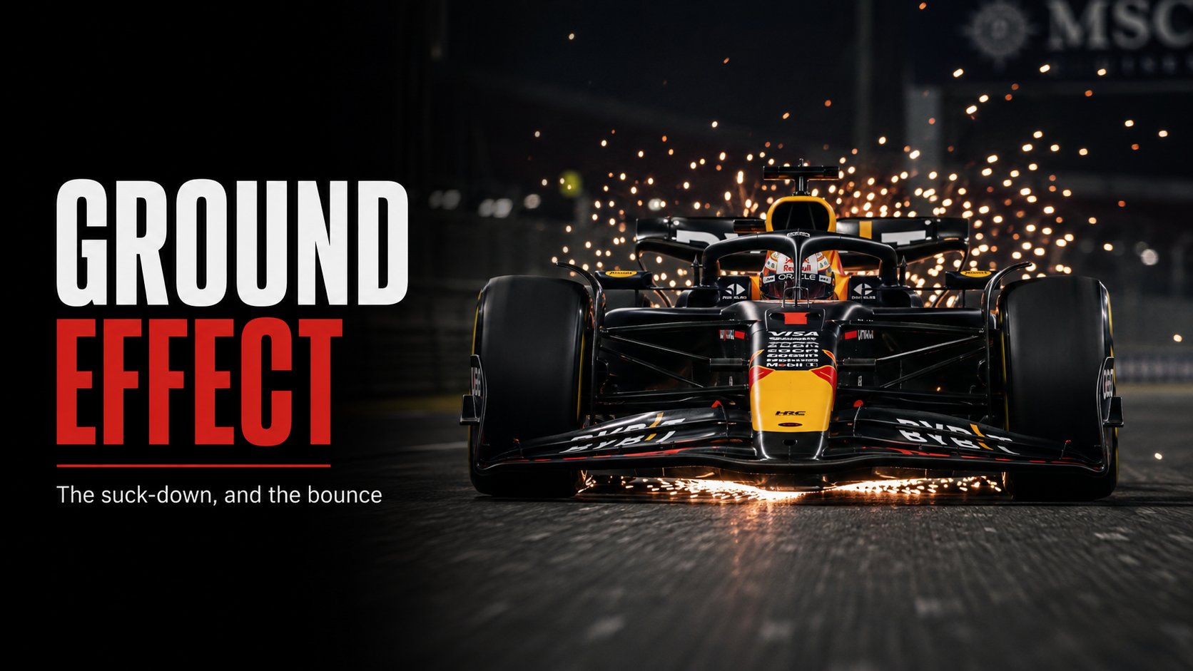 Title card reading Ground Effect, the suck-down and the bounce, showing a black and yellow Red Bull car head-on at night throwing sparks from its floor.