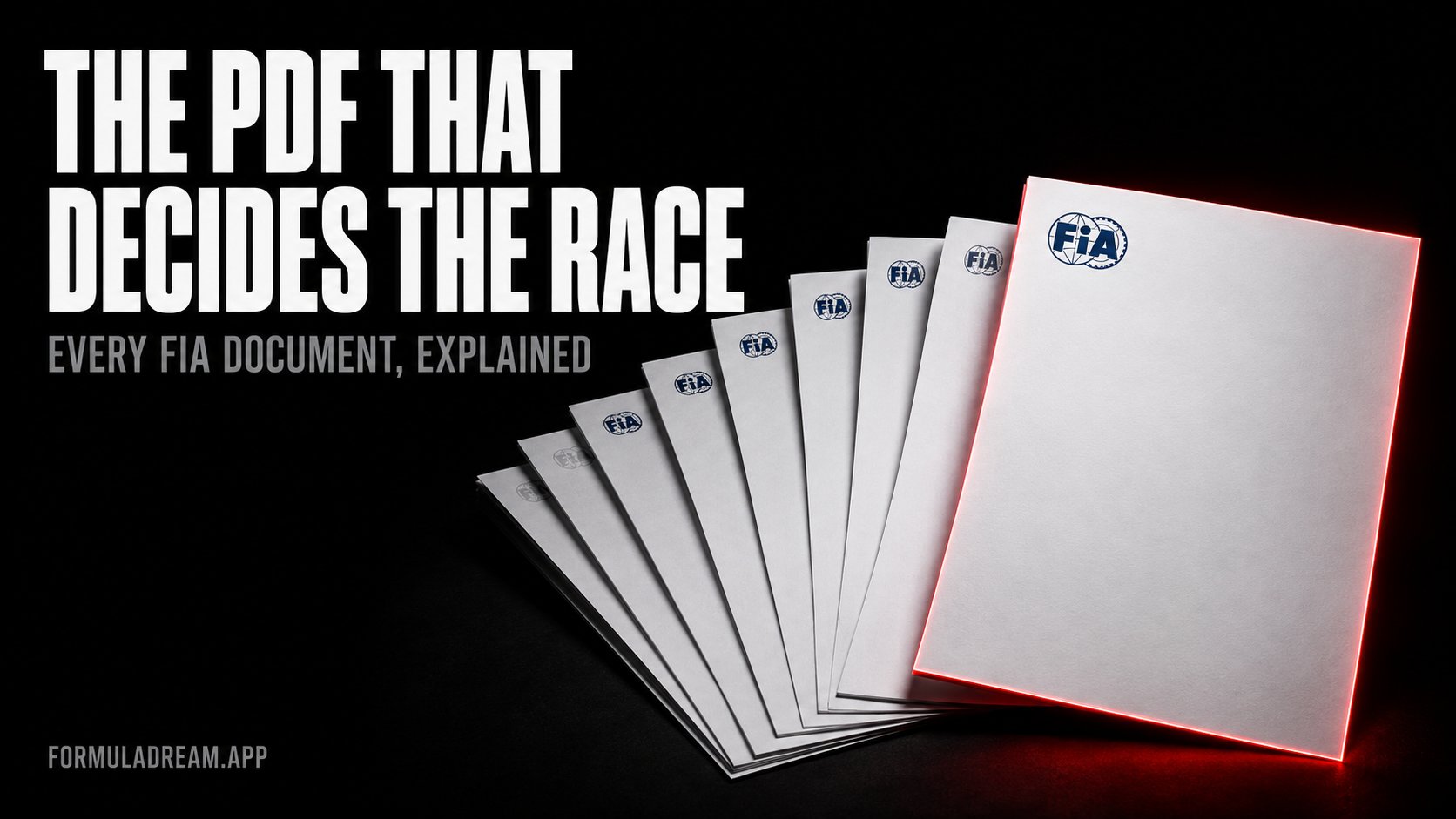 A fanned stack of official motorsport documents on a black background, the top one edge-lit in red, under the headline the PDF that decides the race