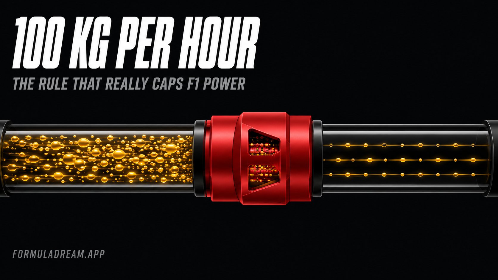 A stylised fuel line passing through a red restrictor valve, with flow metered evenly after it, under the headline 100 kg per hour