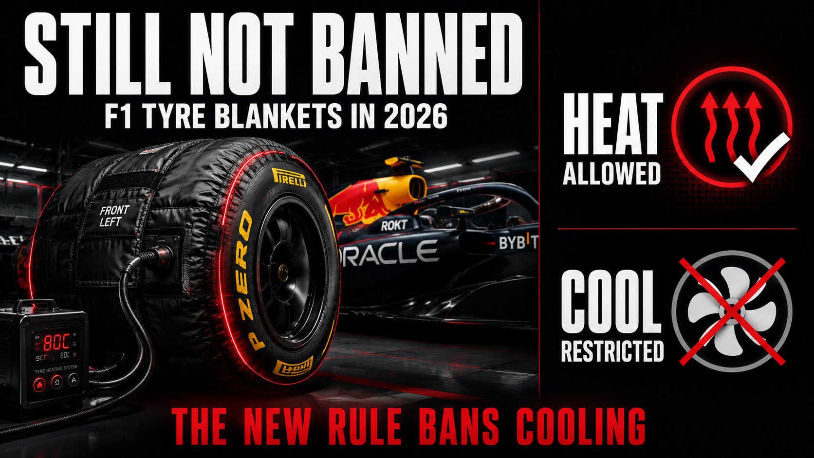 Poster reading still not banned, F1 tyre blankets in 2026, showing a Pirelli slick wrapped in an electric heating blanket beside a Red Bull car, with heat marked allowed and cooling marked restricted, above the words the new rule bans cooling.