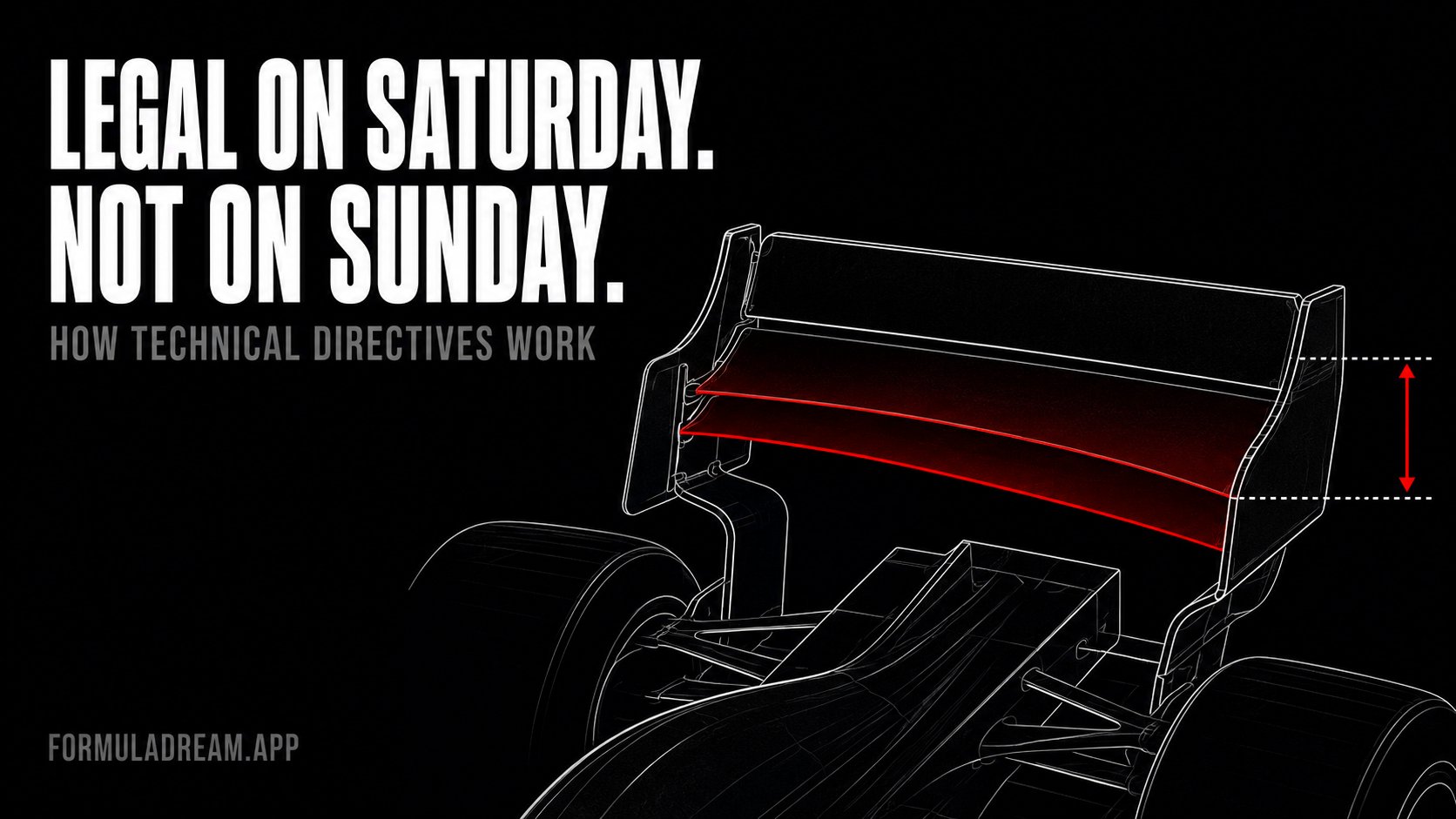 A rear wing drawn twice in white line-art, straight and flexed, with the deflection shaded red, under the headline legal on Saturday, not on Sunday