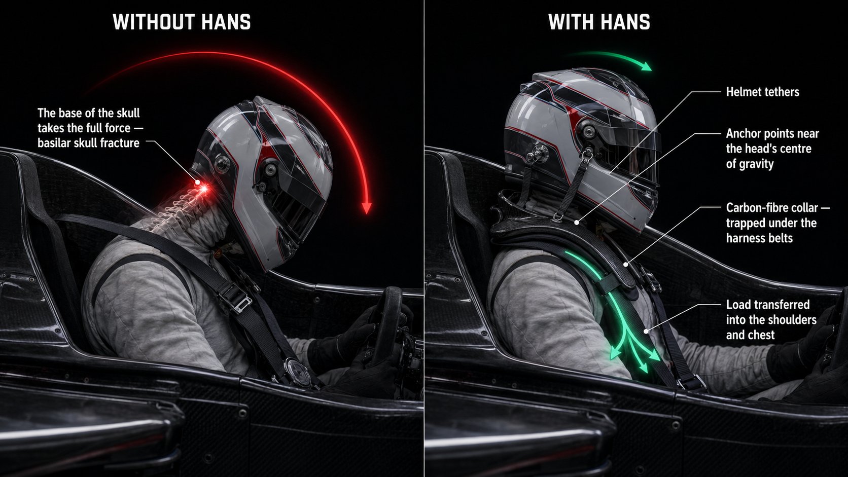 Side-by-side comparison of a frontal crash without and with the HANS device: without it the head whips forward and the base of the skull takes the load, with it the tethered carbon collar holds the head and transfers the force into the shoulders and chest